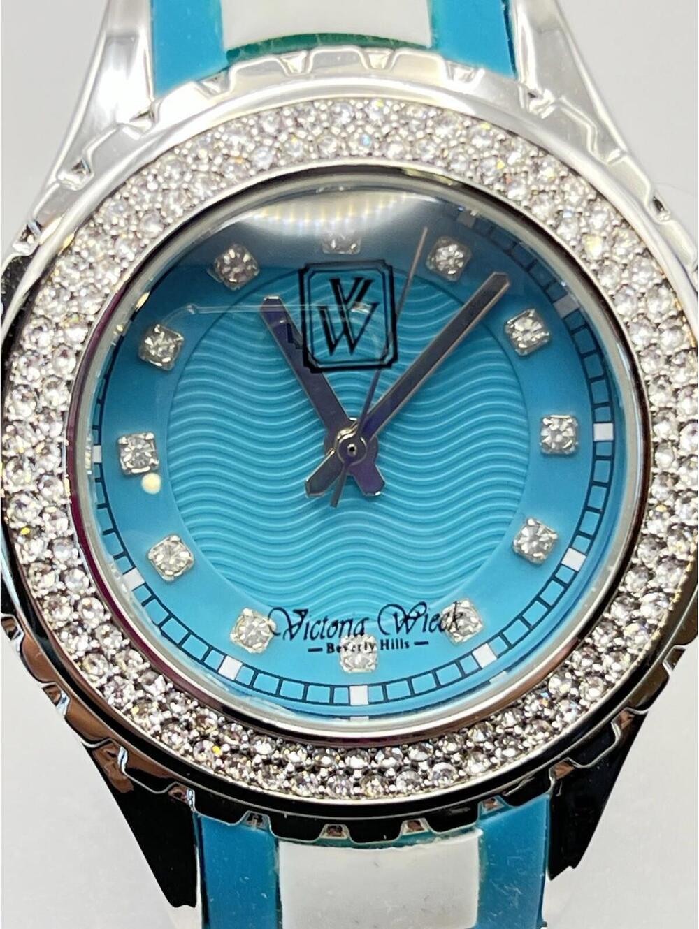 Victoria Wieck Crystal Watch Womens Teal and White Links Works, new battery